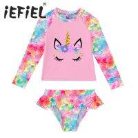 ﹍ 2Pcs Kids Girls Fish Scales Print Swimsuits Beach Outfits Cartoon Horse Print Tops and Briefs Set Beach Swimwear Bathing Suits