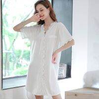 The new silk satin white v-neck nightgown women feeling interest long the spring and summer pajamas