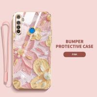 เคสโทรศัพท์สำหรับ OPPO Realme 5i 5S 6i 6 Pro 6S 3 Pro C3 C3i Realme 5 Pro Realme Narzo 20A ลายดอกไม้สไตล์ภาพวาดสีน้ำมันกรอบเคสนิ่มเคลือบอิเล็คโทรเพลทเรียบส่งด้วยสายคล้อง