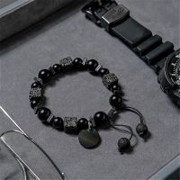 Domineering Mens Lava Cube Volcanic Stone Woven Bracelet Mens Matte Black Energy Bead Bracelet Fashion Mens Yoga Jewelry Gift Charms and Charm Brac