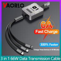 VAORLO สาย6A USB 66W 3 In 1สายชาร์จเร็ว1.2เมตรสายสามารถใส่ได้กับ iPhone โอนข้อมูลแบบยืดหดได้สำหรับสายชาร์จไมโคร TypeC