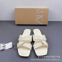 【ready stock】NewZARA-Womens shoes beige cross with flat sandals to wear comfortable beach Joker sandals.