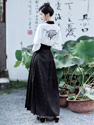 เสื้อเชิ้ตแจ็คการ์ด + แจ็คการ์ดม้าสำหรับผู้หญิงปักลายสไตล์จีนใหม่แนววินเทจใหม่2023กระโปรงหน้า