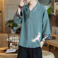 、’】【= 2023 Chinese Mens Crane Embroidery Print Patchwork Harajuku Asian Fashion Casual Japanese Streetwear Top