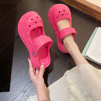 【July】 Hole shoes women cute round toe Baotou semi-slippers summer non-slip soft bottom rose red thick two-wear sandals and slippers
