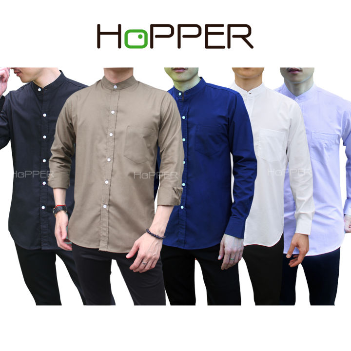 เสื้อเชิ้ตแขนยาวคอจีน-ผ้า-oxford-by-hopper-shop-เสื้อเชิ้ตสีขาว-ดำ-กรม-เทา-ฟ้า