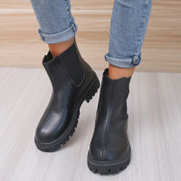 2022 Chelsea Boots Chunky Boots Women Winter Shoes PU Leather Plush Ankle Boots Black Female Autumn Fashion Platform Botas 35-43