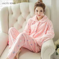 JULYS SONG Winter Pajamas Set Women Sleepwear Warm Flannel Long Sleeves Pajamas Pink Cute Animal Homewear Thick Home Suit