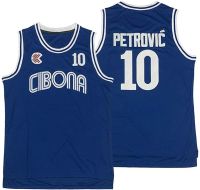 Jersey Basket ผู้ชาย Drazen Petrovic 10 # Cibona สีฟ้ายุโรปเย็บทั้งหมด