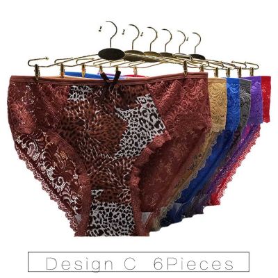 2023 Korean Lingerie Sexy Panties Plus Size Underwear Cotton Briefs Underpants Leopard Transparent Lace Large 4XL 3XL 2XL 6 Pcs/Lot
