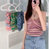 FASHIONJEANS เสื้อไหมพรม สายเดี่ยวลายทาง สีเรนโบว์ทรูโทน ม้วนหน้าอก สีสันสดใสทรงสวย เซ็กซี่ สไตล์เกาหลี #Y03