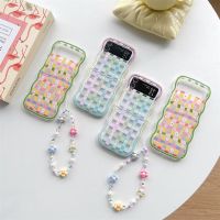 เคสโทรศัพท์กำไลข้อมือลายดอกเดซี่ลายตาราง Ins สำหรับ Samsung Galaxy Z Flip 4 3ฝาหลังหยักแบบนิ่ม