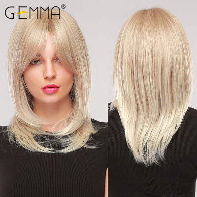GEMMA Medium Wavy Hair Natural Cosplay Ombre Golden Blonde Layered Synthetic Wig with Side Bangs for Women Heat Resistant Fibre