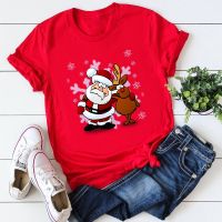 เสื้อยืดคริสต์มาส Women men top Santa and Reindeer Red Short Sleeve   Fashion  Xmas Animal  Tee Shirts Femme Christmas s