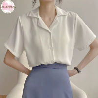 Women Chiffon Blouse Single-breasted V-neck Cardigan Tops Short Sleeve Solid Color Lapel Shirt