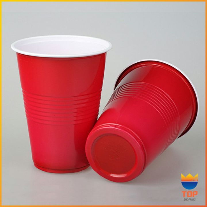 top-พลาสติก-16-oz-แก้วเหล้า-งานเลี้ยง-แก้วน้ำ-แก้วพลาสติกทิ้ง-สีแดง