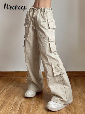 Weekeep กางเกงคาร์โก้ผู้หญิง,กางเกงลำลองทรงแบ็กกี้ทรงแบ็กกี้ผ้าปะติดกระเป๋าสีกากีอ่อนสำหรับใส่วิ่งจ๊อกกิ้ง