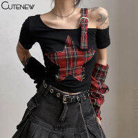 Cutenew Chic Punk สไตล์แฟชั่นลายสก๊อตพิมพ์หนึ่งไหล่ไม่สม่ำเสมอเสื้อยืด + Oversleeve ชุด Crop Tops Casual Womens