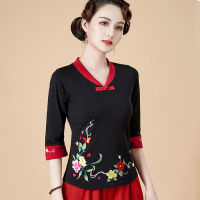 Cheongsam ผู้หญิงขนาดบวกท็อปส์2023ฤดูร้อนแฟชั่นผ้าฝ้ายผสมเย็บปักถักร้อยคอวีสไตล์จีนเต้นรำเครื่องแต่งกาย Qipao เสื้อผู้หญิง