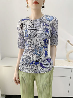เสื้อเพบลั่มกราฟฟิตี้ของผู้หญิงเสื้อยืดมีจีบพิมพ์ลายดิจิตอล A054เฉพาะกลุ่ม