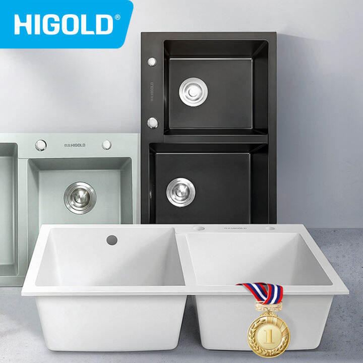 HIGOLD Double Bowl Quartz Kitchen Sink 60/40 Undermount Sink White