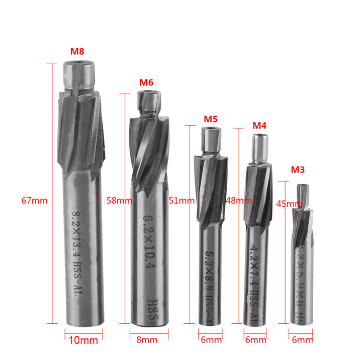 ดอกเจาะช่องปลายดอกเคาเตอร์ซิงค์หัวตัดเจาะ5ชิ้น-m5-m4-m3-m6-m8-4ขลุ่ย-hss-al