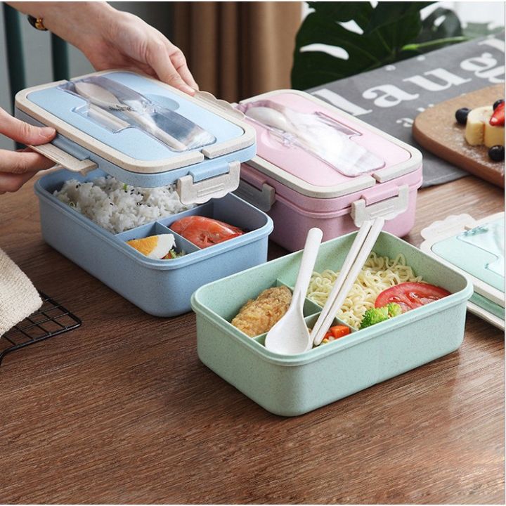 กล่องข้าว-กล่องใส่อาหาร-พร้อมอุปกรณ์ช้อนส้อม-กล่องอาหารกลางวันนักเรียน-เบนโตะ-ผลิตจากฝางข้าวสาลีไม่มีสารตกค้าง-lunch-box