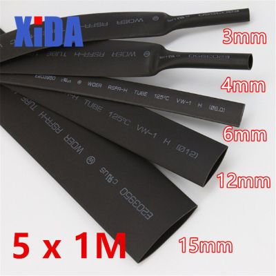 5Pcs 1M Black 2:1 Heat Shrink Tubing Black Cable Wire Sleeving Wrap 3.0/4.0/6.0/12.0/15.0mm Free Shipping Electrical Circuitry Parts