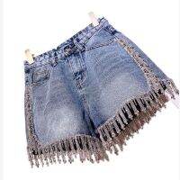 High End Rhinestone Fringed High Waist Denim กางเกงขาสั้นแฟลช Wimen S High-End Diamond พู่สั้นกางเกงยีนส์ร้อนกางเกง2022...