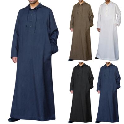 เสื้อคลุมมุสลิมมีฮู้ดสำหรับผู้ชายเสื้อคลุมลำลอง2022สีล้วนมีฮู้ดเสื้อคลุมปุ่มแขนยาวมีกระเป๋า Jua Thobe Ropa Hombre
