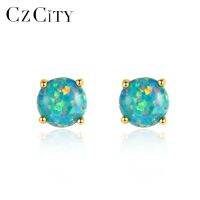 CZCITY สีฟ้ายอดนิยมโอปอลชุบ14K เงินสเตอร์ลิงกลม S925เครื่องประดับสตั๊ดประณีตคลาสสิกเครื่องประดับปาร์ตี้สาวหรู