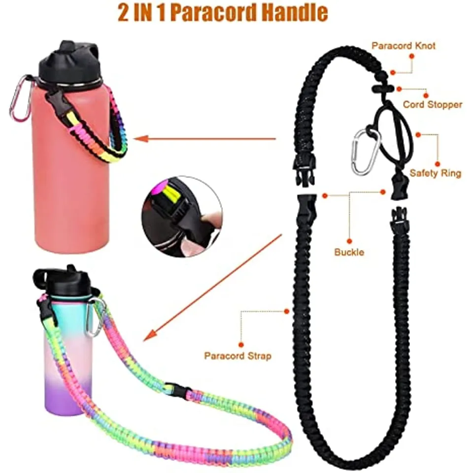 MONOBIN Paracord Handle - Fits Wide Mouth Bottles 12oz to 64oz - Durable  Carrier, Paracord Carrier Strap Cord with Safety Ring,Compass and Carabiner  - Ideal Water Bottle Handle Strap 