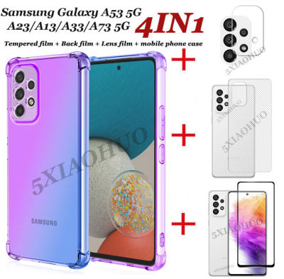 (4in1) เคสโทรศัพท์สำหรับ Samsung Galaxy A53,เคสมือถือสำหรับ Samsung Galaxy A23 5G A13 A33 + ฟิล์มกระจกนิรภัย + ฟิล์มเลนส์ + เคสโทรศัพท์ป้องกันการตกกระแทกแบบสี่มุมเคสโทรศัพท์ + ฟิล์มหลังเป็นคาร์บอนไฟเบอร์ Samsung Galaxy A73 A23