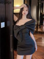 ۞◇♕ Ezgaga Sexy Dresses Women Bow Off Shoulder Irregular Slash Neck French Style Black Solid Party Bodycon Dress Female Clubwear