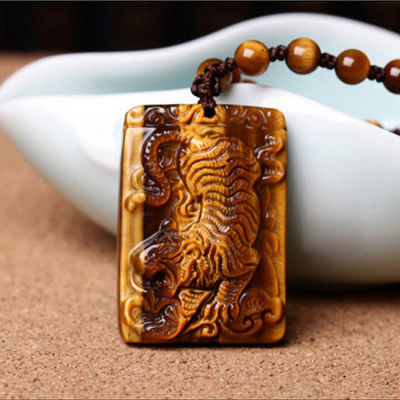 Chinese Natural Tiger-Eye Stone Tiger Pendant Necklace Hand-Carved Charm Jewelry Fashion Amulet Gifts for Men Women