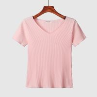 Special Offers V-Neck Tight Body Shirt Short-Sleeve Top Women Summer Cotton T-Shirt Stretchable Bottom Tees Spring Lady Soft T Shirts 2022 New