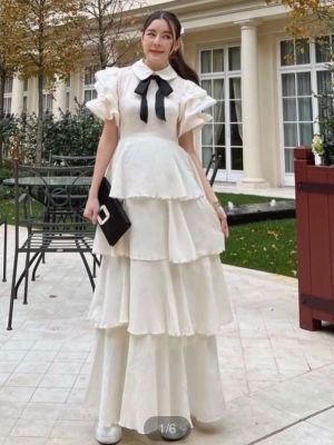 P010-103 PIMNADACLOSET - Short Sleeve Tiered Emboss Feminine Long Dress