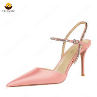 Slingback รองเท้าส้นสูงสำหรับผู้หญิง,รองเท้าแตะส้นเข็มหัวแหลมสำหรับใส่ไปงานเลี้ยงคริสตัล