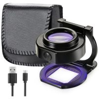 2Pcs 25X Loupe Magnifier with 6 Light, USB Three-Folding Desktop Portable Metal Eye Loupe Scale Sewing Magnifying Glass