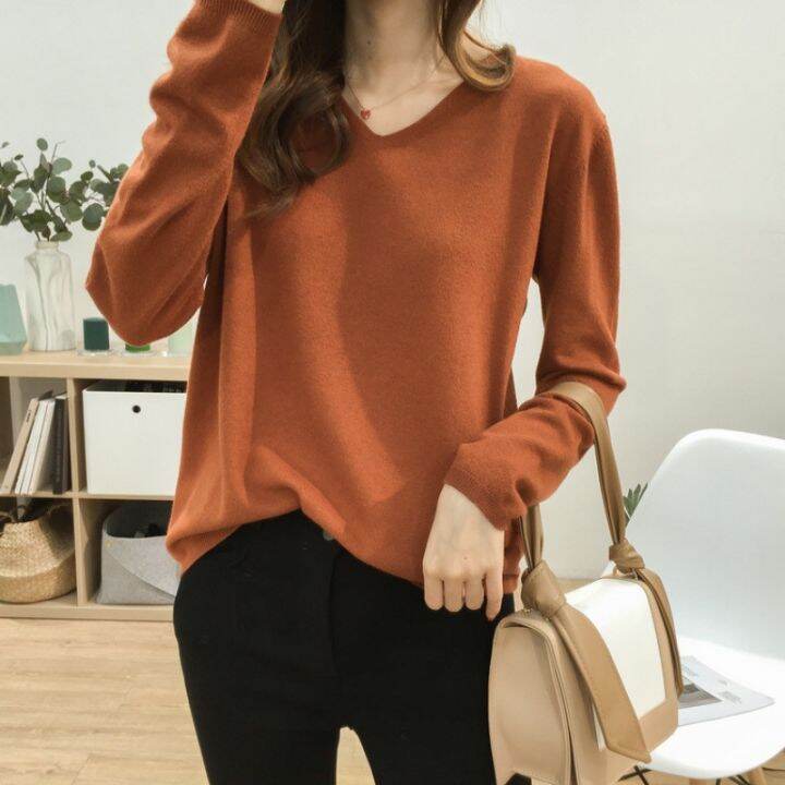 spot-loose-slimming-v-neckline-solid-color-sweater-womens-soft-glutinous-comfortable-long-sleeve-base-shirt-all-matching-top-2023