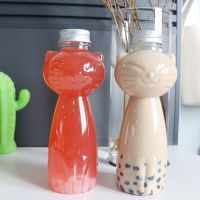 5Pcs Cat Shaped Water Bottles Transparent PET Empty Bottles Carbonated Drinks Bottles Juice Beverage Bottles Milktea Cups 500ml