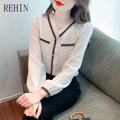 REHIN เสื้อผู้หญิงคอวีมีจีบแผ่นย้อนยุคฝรั่งเศส,กลิ่นหอมขนาดเล็กแฟชั่นใหม่ฤดูใบไม้ผลิแขนยาวสง่างาม