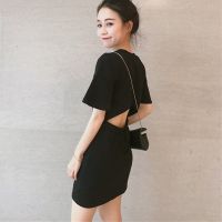 INFINITE Black Slim Ladylike Womens Fashion Simple Style Backless Short Sleeve Dress