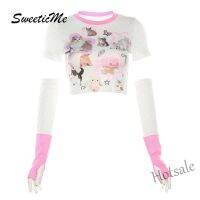 【hot sale】₪ D13 SweeticMe Womens 2023 New Fashion Print Slim Fit Sexy Round Neck Oversleeve Causal Crop T-shirt