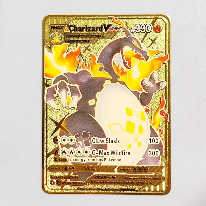 5PCS Pokemon Iron Cards Golden Metal Pokemon Shiny Letters Pikachu Mewtwo  Charizard Vmax Game Collection Card Anime Metal Gifts