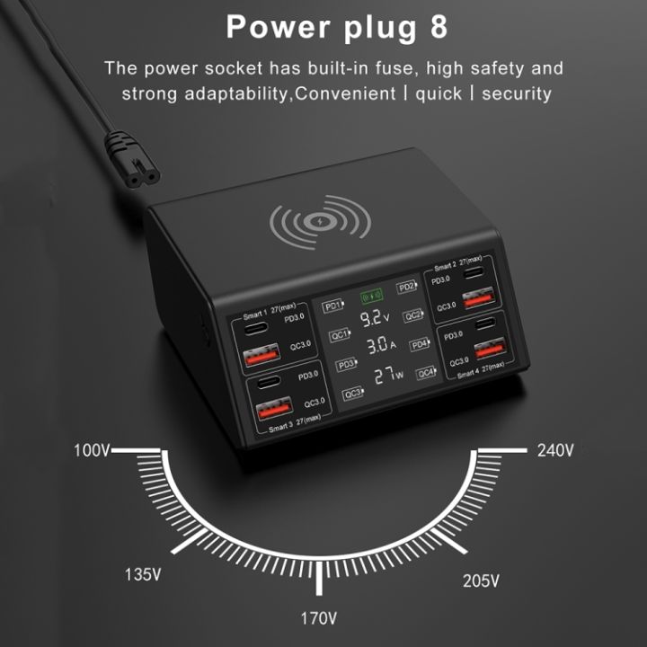 838w-9-in-1-100w-4-pd-3-0-usb-c-type-c-4-qc-3-0พอร์ต-usb-ที่ชาร์จแบบไร้สายแสดงผลแบบดิจิตอลอัจฉริยะปลั๊ก-us