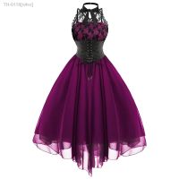 ✇◑☼ n4rn Vestido sem encosto Steampunk gótico cabeçada feminino balanço com renda punk cintura alta baile vitoriano vestidos de espartilho vintage sexy