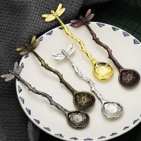 Retro Forest Dragonfly Hammer Alloy Spoon Teaspoon Flower Shape Coffee Dessert Dinnerware Gifts And Crafts Spoon Kitchen Supply