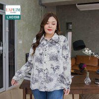 (LX0138) เสื้อแขนยาว สาวอวบ เสื้อเชิ๊ตคอปก พิมพ์ลาย ทรง Oversize แขนยาว ช่วงปลายแขนติดกระดุม 1 เม็ด   เสื้อผ้าพลัสไซส์ เสื้อผ้าสาวอวบ คุณภาพพรีเมี่ยม เสื้อ แขน ยาว คน อ้วน เสื้อ เชิ้ต แขน ยาว ผู้หญิง อวบ