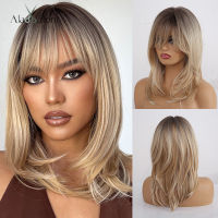 ALAN EATON Synthetic Wigs Long Straight Layered Hairstyle Ombre Black Brown Blonde Gray Ash Full Wigs with Bangs for Black Women